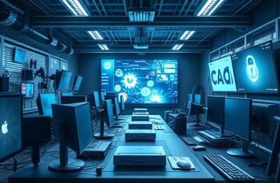 cutting-edge marketing technology scene, thought-provoking, engaging, photorealistic, modern workspace flooded with gadgets, highly detailed, holographic displays, ultra-high-definition, metallic silver and cyan, ambient lighting, shot with a telephoto lens.