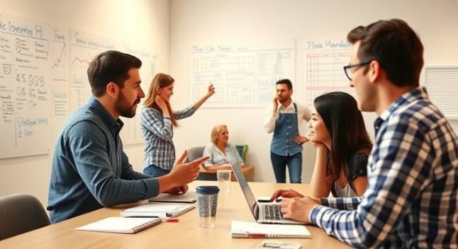 cohesive marketing team collaboration, dynamic, brainstorming, photorealistic, vibrant open-plan office with writable walls, highly detailed, shared interactive dashboards, HD clarity, warm earth tones, diffuse lighting, shot with a standard kit lens.