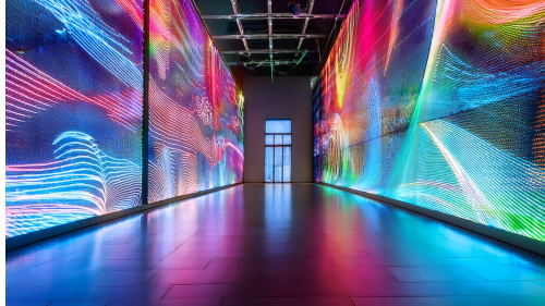 vibrant digital design artistry, expressive, conveying story, photorealistic, creative studio with murals and screens, highly detailed, kinetic typography, ultra-sharp resolution, rainbow spectrum, spotlight lighting, shot with a prime lens.